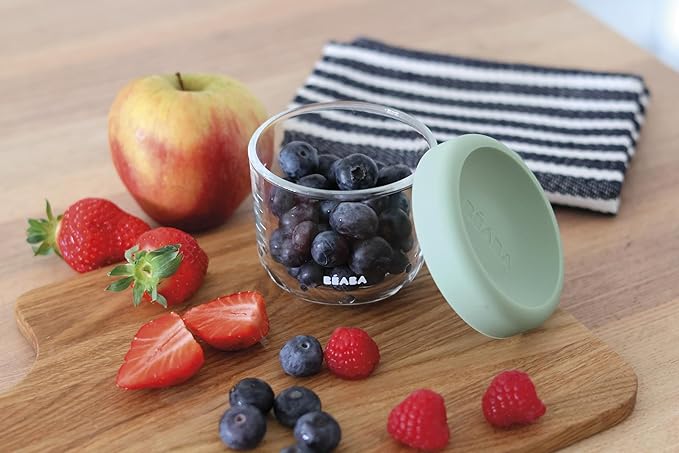 BEABA 5 oz Glass Baby Food Jars with Soft Silicone Air Tight Lids, Glass Storage Containers with Lids, Microwave and Freezer Safe Containers, Sage Green
