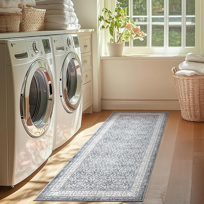 jinchan Hallway Runner Rug 2x10 - Machine Washable Grey Vintage Floral Distressed Design Soft Non-Slip Low-Pile Ultra-Thin Runner Rug for Kitchen Laundry Room Bedroom Farmhouse (2‘x10',Grey)