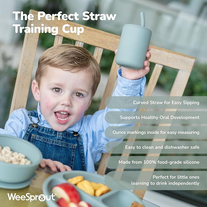 WeeSprout Baby Led Weaning Bundle, Silicone Suction Bowl, Spoons, Bib & Cup, Develops Self Feeding Skills, Dishwasher Safe (Pink)