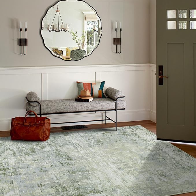 5x7 Area Rugs for Living Room Rug Washable: Modern Rug for Dining Room Bedroom Carpet Non Slip Low Pile 5 by 7 Indoor Abstract Nursery Home Office Green