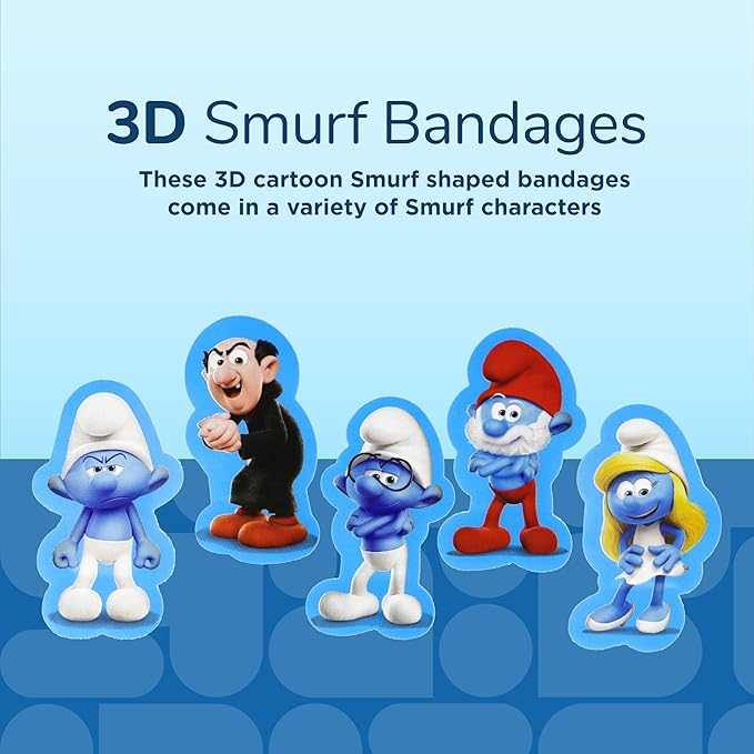 BioSwiss Bandages, The Smurfs Shaped Self Adhesive Bandage, Latex Free Sterile Wound Care, Fun First Aid Kit Supplies for Kids and Adults, 100 Count Box