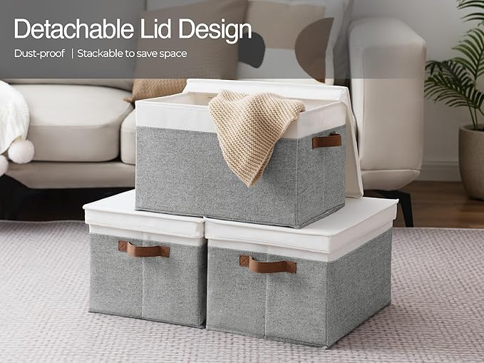 StorageWorks Storage Bins with Lids, Decorative Storage Boxes with Lid and PU Handles, Foldable Storage Baskets for Closet, Shelves, Stackable, Gray and White, Jumbo, 3-Pack