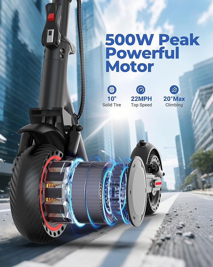 Electric Scooter, 500W Powerful Motor, 19-31 Miles Range, 10" Tires, 22Mph Max Speed, Commuting Electric Scooter with Cruise Control, Foldable E-Scooter with Dual Braking System for Adults and Teens