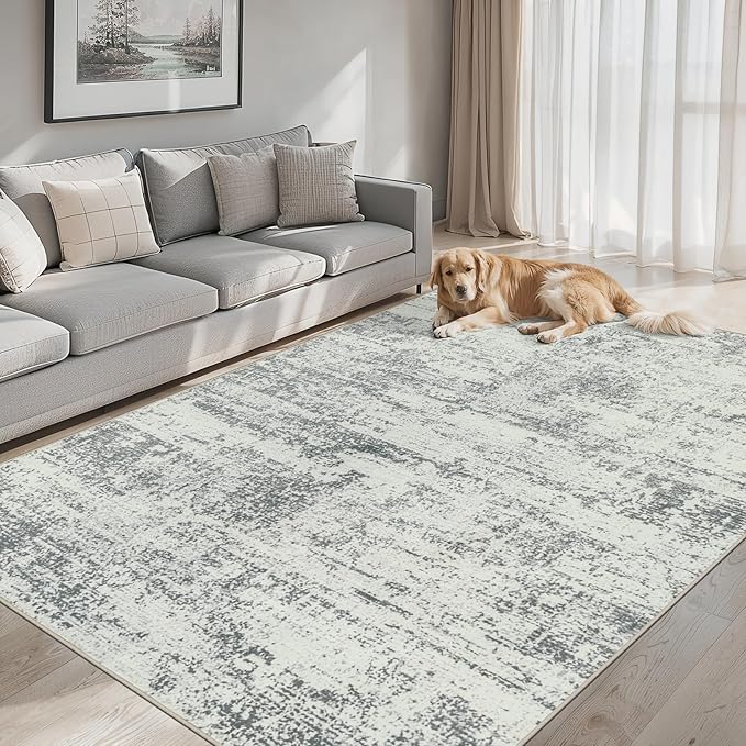 Area Rugs 9x12 Living Room - Washable Rug Modern Abstract Soft Large Neutral Non-Slip Carpet Indoor Floor Stain Resistant Thin Carpets for Bedroom Dining Room Farmhouse Nursery Home Office Grey