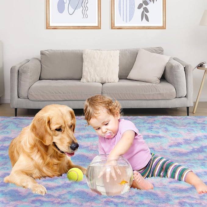 Rainbow Rug for Girls Room, 5x7 Fluffy Area Rugs for Bedroom, Colorful Kids Rug Cute Anti-Skid Indoor Carpet for Nursery, Living Room, Playroom, Home Decor