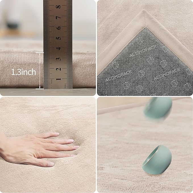 ACOMOPACK Baby Play Mat for Floor 1.3" Thick Memory Foam Play Mat 39"×59" Tummy Time Crawling with Non-Slip Bottom for Living Room,Nursery,Soft Velvet Playpen Mats for Kids,Infants（Beige）