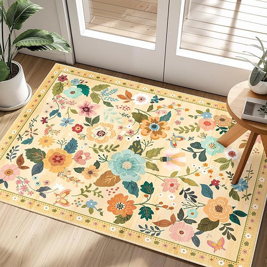Floral 2x3 Area Rug Machine Washable Soft Print Boho Carpet Non Slip Doormat Low Pile Flower Area Rugs for Living Room Bedroom Nursery Kitchen Dining Room Indoor-Ivory/Yellow