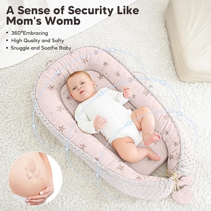 Baby Lounger - Infant Lounger Pillow for Newborn 0-24 Months, Soft, Breathable & Portable Baby Lounger Pillow for Boys & Girls, Cozy Baby Floor Seat for Home & Travel (Pink Star)