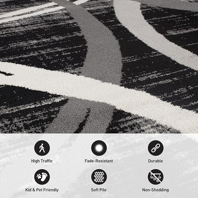 Rugshop Modern Wavy Circles Design Area Rug 7'10" x 10'2" Black
