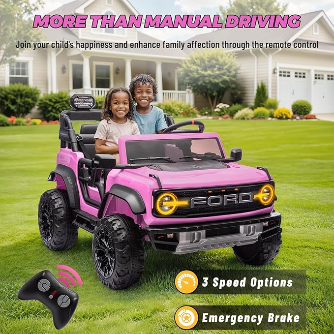 ENYOPRO 24V Ride On Toys for Big Kids, Licensed Ford Bronco Raptor 2 Seater Kids Electric Vehicle, Battery Powered Ride On Car Jeeps w/Remote Control, Bluetooth, 3 Speed, LED Lights for Ages 3+, Pink