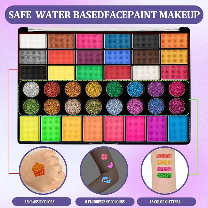 42 Colors Kids Face Painting Kit,Non Toxic Water Activated Face Paint Palette with 5 Reusable & 45 Sticky Stencils,11 Brushes,2 Gems.Ideal for Mardi Gras,Halloween,Christmas,makeup,Parties,Makeup etc.