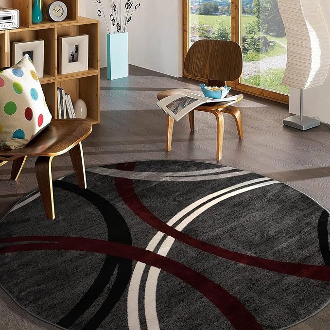 Rugshop Modern Wavy Circles Design 6' 6" (6' 6" Diameter) Red