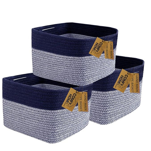 COMFY-HOMI 3PACK Rectangular Cotton Rope Basket With Handles for Shelves|Dog Toy|Baby Gift - Dark Blue (13.5" x 11" x 9.5")