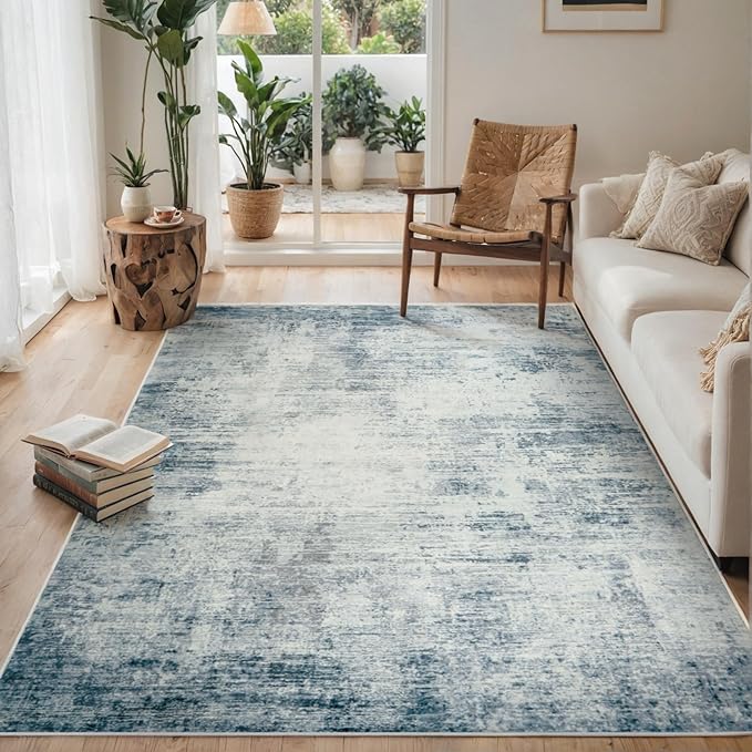 5x7 Area Rugs for Living Room Bedroom, Abstract Washable Rugs with Non-Slip Backing, Stain Resistant Indoor Floor Carpet for Dining Room Table Nursery Hallway Home Office-Blue/Ivory