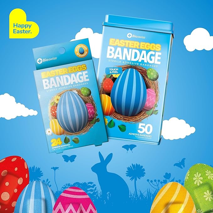 BioSwiss Bandages, Easter Egg Shaped Self Adhesive Bandage, Latex Free Sterile Wound Care, Fun First Aid Kit Supplies for Kids, 50 Count