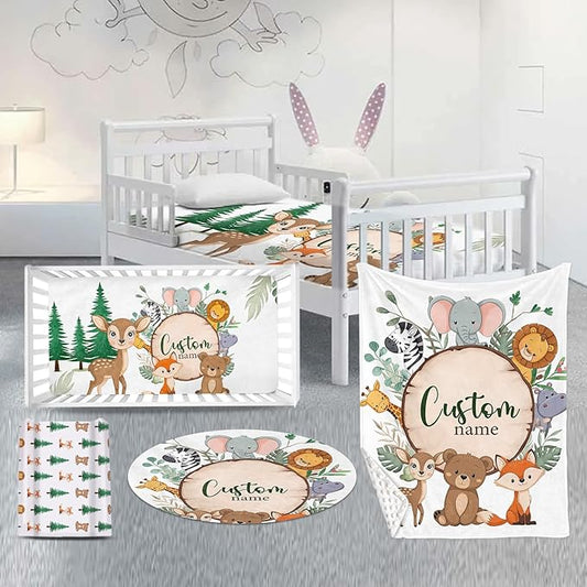 Custom Nursery Crib Bedding Set: Personalized Name 4 Piece Animal Theme Baby Crib Sets for Boys Girls - Toddler Double Layer Blanket Set, Comfortable Crib Bed Sheets for Baby Toddlers