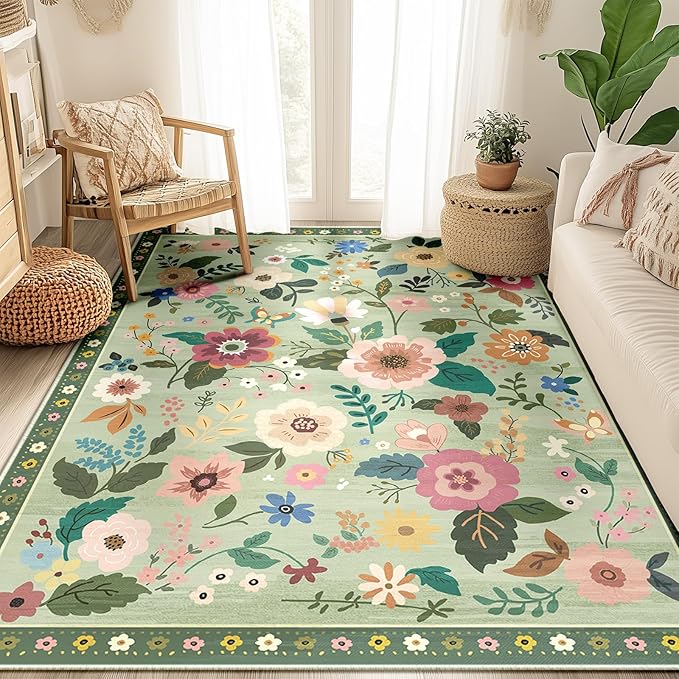 Floral 5x7 Area Rug Machine Washable Soft Print Boho Carpet Non Slip Doormat Low Pile Flower Area Rugs for Living Room Bedroom Nursery Kitchen Dining Room Indoor-Light Green