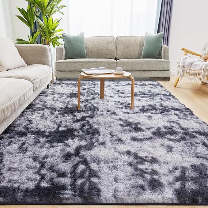 6x9 Area Rugs for Living Room, Fluffy Shaggy Bedroom Rug Indoor Carpet, Anti-Skid Soft High Pile Rug for Nursery, Kids Room, Bedside, Home Decoration, Tie-Dyed Dark Grey