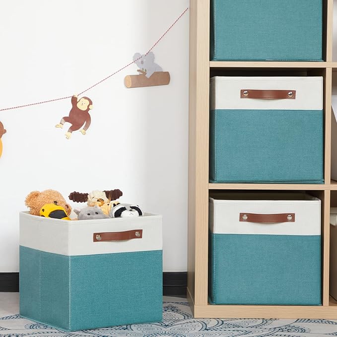 HNZIGE Storage Cubes Bins for Organization Set of 4, Fabric Storage Cube 12 x12, Collapsible Storage Bins Basket Cube with Handles, Canvas for Organizing Shelf Home Nursery(Teal White)