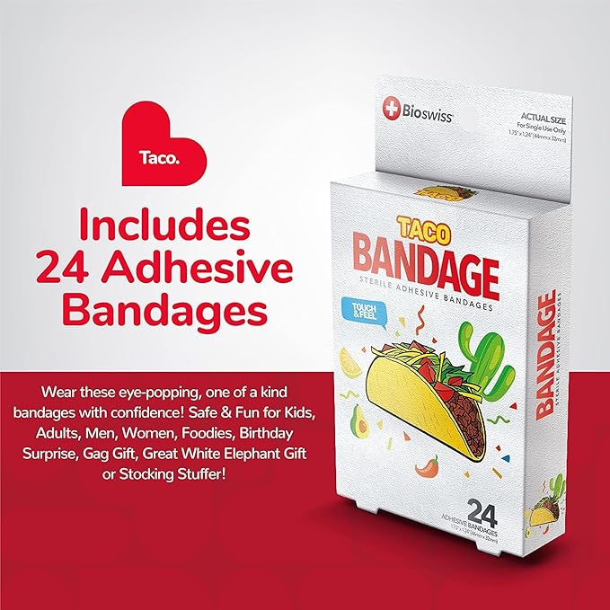 BioSwiss Bandages, Taco Shaped Self Adhesive Bandage, Latex Free Sterile Wound Care, Fun First Aid Kit Supplies for Kids, 24 Count