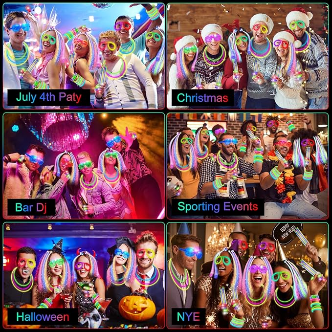 Glow in the Dark Party Supplies, 264 PCS Light Up Party Favors with LED Glasses,Glow Sticks,Finger Lights,LED Hair Clips,Slingshot,Glasses Molds,Butterfly Bracelet for Birthday,Raves,New Year