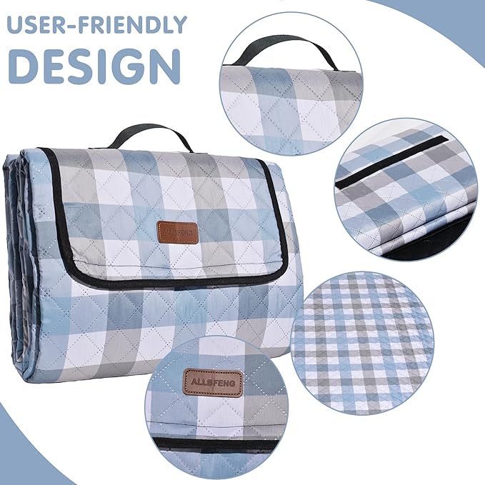 Extra Large Picnic Blanket 80''x 60'' Waterproof Foldable Picnic Mat for Beach, 5-Layer Outdoor Blanket for 6 to 8 Adults,Camping Grass Lawn Park Accessories Couple Park Wedding Registry(Blue Gray)
