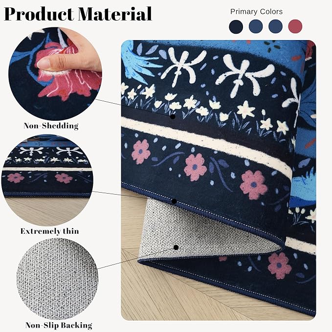 Bedroom Rug 3x5 Rug Washable Area Rug Non Slip Low Pile Vintage Floral Botanical Small Carpet for Bedroom, Bedside, Kitchen, Entryway, Kids Room, Office, Blue