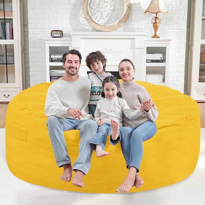 6FT Bean Bag Chair, Large Bean Bag Chairs with Memory Foam Filled, Fluffy Beanbag Sofa with Dutch Velvet Cover, Round BeanBag Chairs for Living Room, Playroom - Lemon
