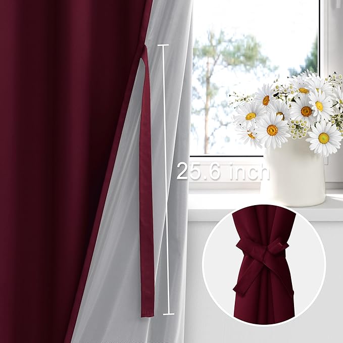 XWZO 100% Blackout Curtain Panels - Rod Pocket Thermal Insulated Black Liner Curtains, Noise Reducing and Heat Blocking Drapes for Hall and Studio Windows with Tiebacks, Burgundy, W42 x L72, Set of 2