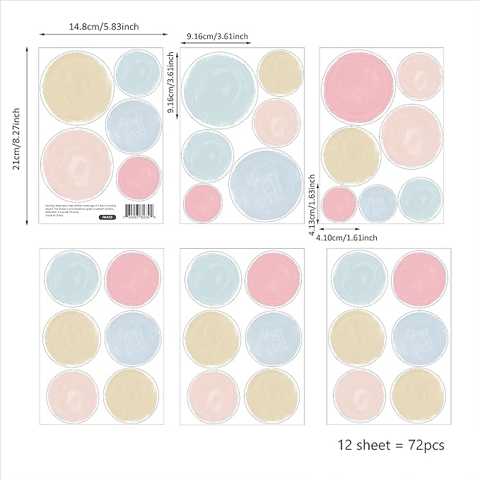 Colorful Polka Dot Wall Decals 72 PCS, Watercolor Dots Wall Sticker for Girls Bedroom Removable Wall Decals Nursery Kids Room Decor (12 Sheets)