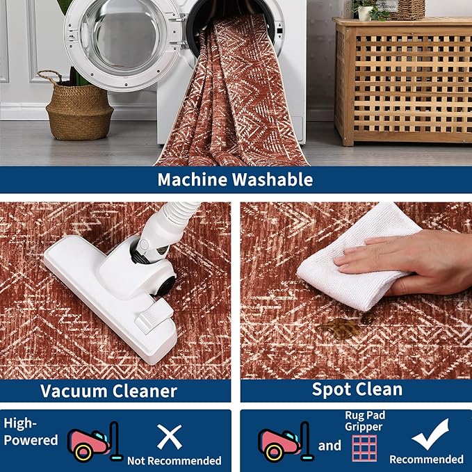 COZYLOOM 4x6 Area Rug Modern Indoor Area Rug Machine-Washable for Living Room or Bedroom Softness Foldable Carpet for Easy Storage Abstract Geometric Design Non Slip Stain Resistant Carpet, Brick Red