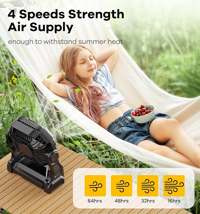 30000mAh Portable Battery Powered Camping Fan - with LED Light, Quiet Battery Operated, Camping Gear for Travel, Tent, Beach, Car or Hurricane Power Outages, Black