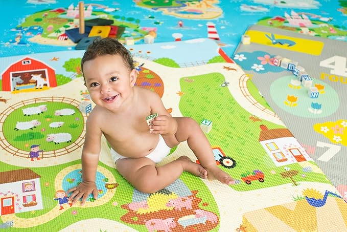 Baby Care Play Mat - Playful Collection (Busy Farm, Large) - Play Mat for Infants – Non-Toxic Baby Rug – Cushioned Baby Mat Waterproof Playmat – Reversible Double-Sided Kindergarten Mat