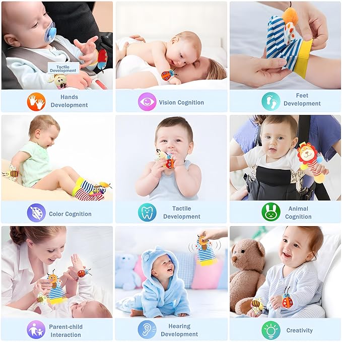BLOOBLOOMAX Wrist Rattles Foot Finder Rattle Toy for 0-4 Months Baby, Feet Leg Ankle Socks Arm Hand Bracelet Shaker for 4-8 Months Infant boy & Girl, Gift Set for 0-1 Years Newborn Babies (5 pcs-B)