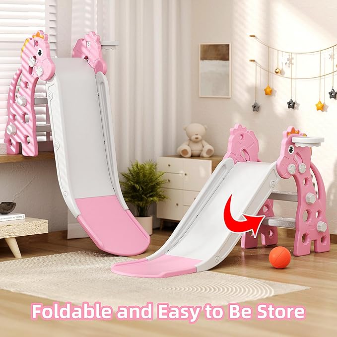 67i Toddler Slide for Indoor & Outdoor Play with Basketball Hoop, Anti-Slip Steps, 46.8in Baby Climber (Pink)
