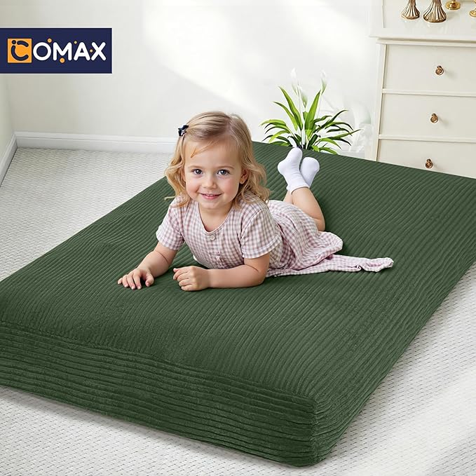 COMAX Kids Bean Bag Chair Turn into Beanbag Bed, Toddler Bean Chair Corduroy for Girl Boy Sleeping, Lazy Children Bean Bags with Filler, Convertible Child Floor Mattress, Dark Green