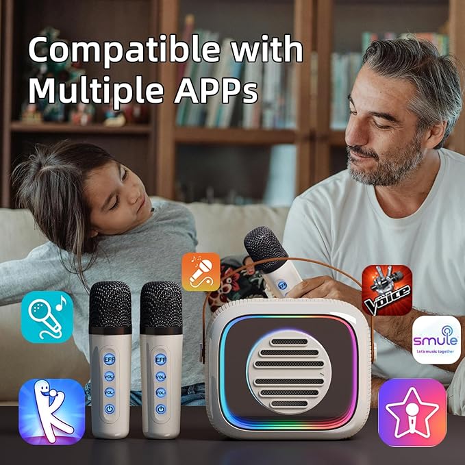 YF93 Mini Karaoke Machine for Kids with Bluetooth Speaker, 7 Voice-Changing Modes, Dual Microphones, Colorful LED Lights, TF Card Support, Portable Singing Gift for Children and Parties(Black)