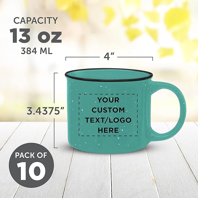 DISCOUNT PROMOS Custom Ceramic Campfire Coffee Mugs 13 oz. Set of 10, Personalized Bulk Pack - Perfect for Tea, Espresso, Cappuccino, Hot Cocoa - Mint