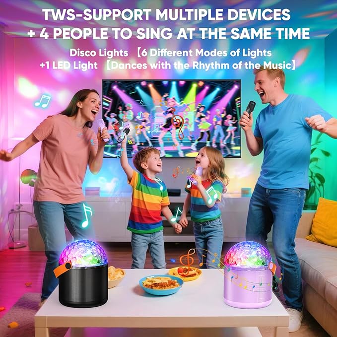 Karaoke Machine with Disco LED Lights for Adults Kids, Portable Bluetooth Speaker with 2 Wireless Microphone, Gifts Toys for 3-12+ Kids Birthday Family Home Party