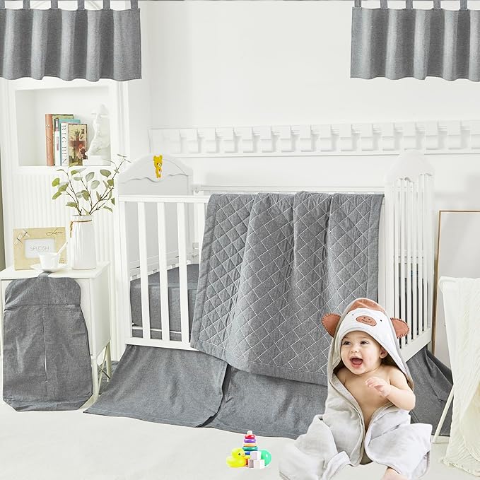 Brandream Gender Neutral Boho Bohemian Farmhouse Chic Baby Crib Bedding Set 100% Washed Cotton Like Linen Supersoft Classic Quilted Plaid Design Nursery Collection (Grey, 6-Piece)