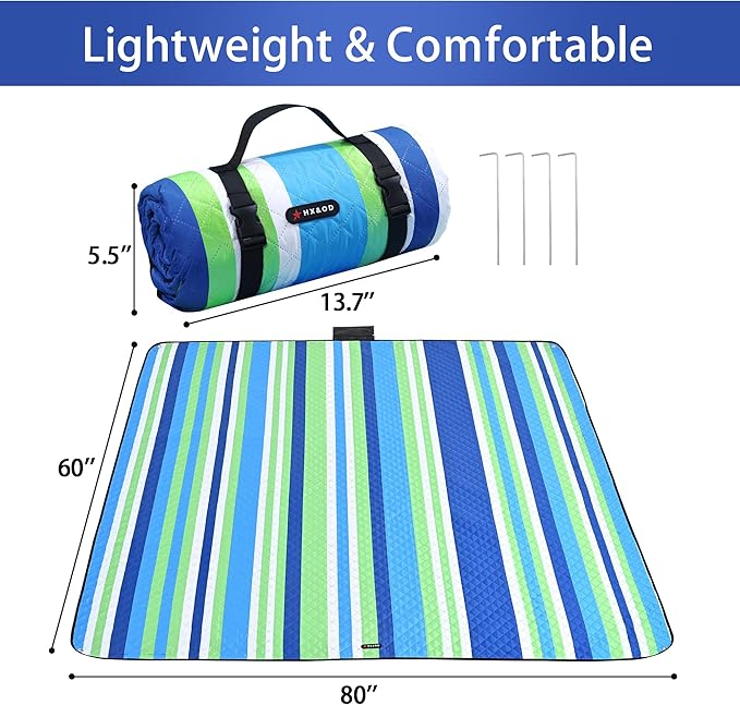 HX&OD Outdoor Picnic Blanket Extra Large, 80''*60'' Waterproof Picnic Mat with Stakes Foldable Camping Blanket Portable with Carry Strap for Beach Mat (Green& White, 80''*60'')