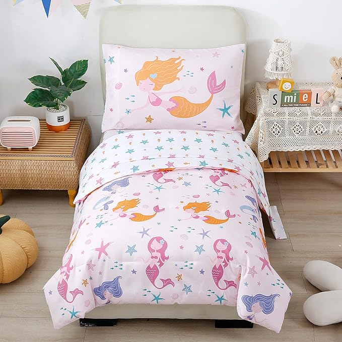PERFEMET Toddler Bedding Sets Girls 4 Pieces Pink Mermaid Toddler Bed in A Bag Soft Reversible Blush Toddler Bed Set Include Comforter, Flat Sheet, Fitted Sheet, Pillowcase