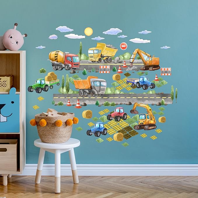 Construction Truck Wall Decals for Boys- Peel and Stick Road Vehicle Stickers for Room, Nursery, Playroom - Removable Wall Decor with Excavators, Tractors, Cars for Kids, Toddlers, Babies -S Size