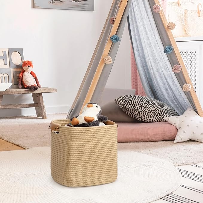 danpinera 3 Pack 11 Inch Woven Baskets for Storage, Stylish Storage Baskets for Shelves, Laundry, Bathroom, Kitchen, Cube Storage Bin, Cotton Rope Boho Baskets, Jute