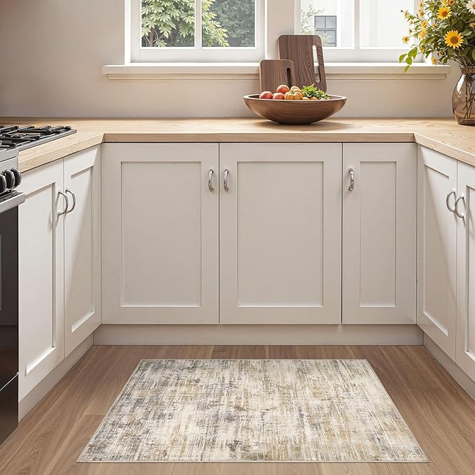 2x3 Entryway Area Rugs: Washable Neutral Abstract Small Rug Door Mat Non-Slip Soft Low Pile Indoor Carpe for Entrance Kitchen Front Door Bathroom Entry Kids Room - Golden Brown