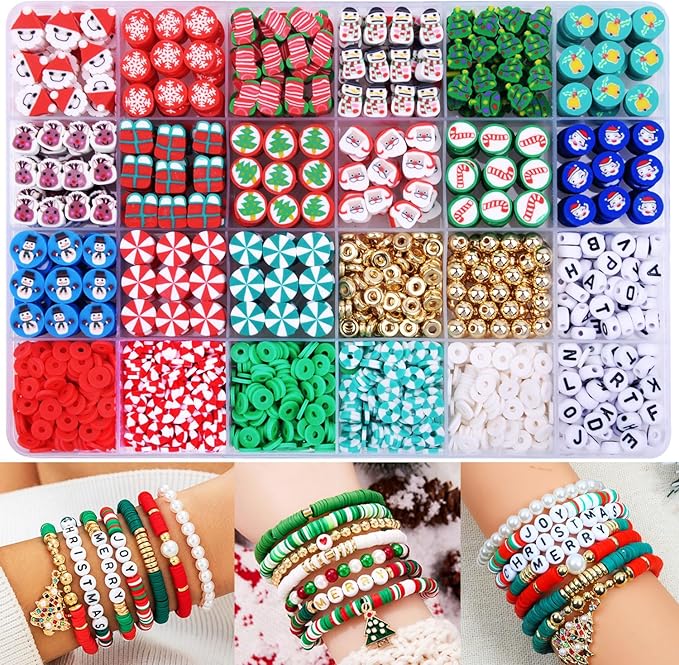 1480pcs Christmas Polymer Clay Beads Charms Friendship Bracelet Necklace Earring Jewelry Making kit, Accessories for Arts Crafts DIY Gifts for Women Girls