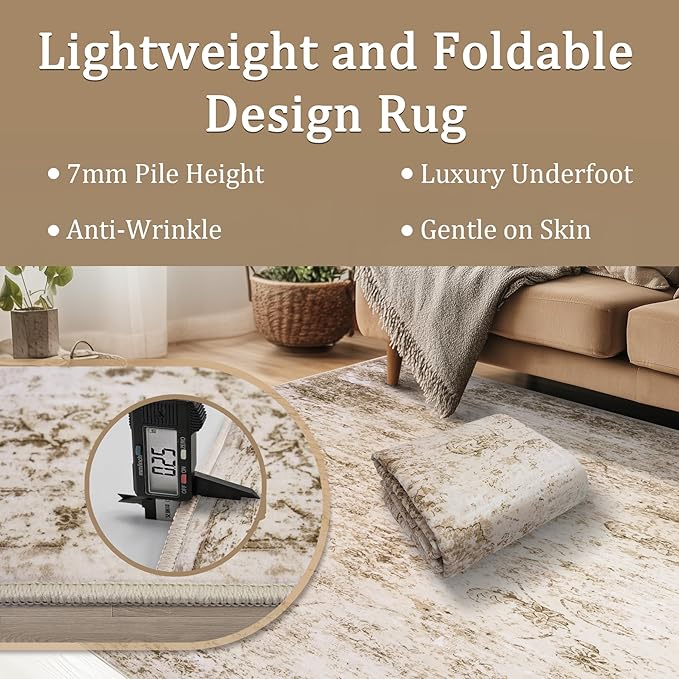 5x7 Area Rug Living Room Rugs - Washable Rug Large Modern Abstract Soft Thin Carpets Indoor Floor No Slip Vintage Carpet for Bedroom Under Dining Table Nursery Home Office Decor Beige