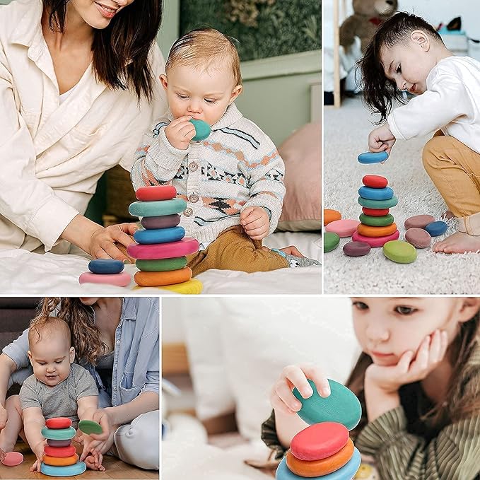 OESSUF 16pcs Extra-Large Wooden Sorting Stacking Rocks - Safe Montessori Toys for 1-3 Year Old, Waldorf Wooden Blocks for Toddlers 1-3, Smooth Stacking Stones for Toddlers, for Kids