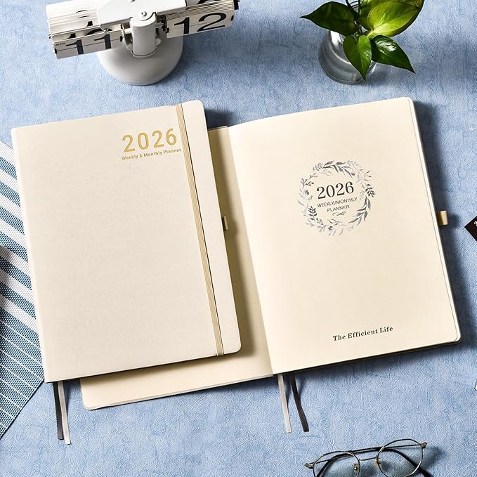 2026 Planner - JAN 2026 - DEC 2026, Planner 2026, Weekly and Monthly Planners, Leather Cover Planners with Thick Paper, Back Pocket with Notes Pages, Seashell Gold (8.5" x 11")