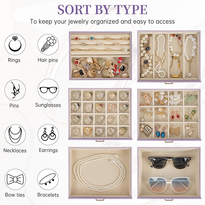 AKOZLIN Extra Large 6-Tier Jewelry Box Organizer Functional Huge, 5 Drawers Leather Jewelry Storage Case for Women Girls Ring Necklace Earring Bracelet Holder Organizer with Mirror Violet